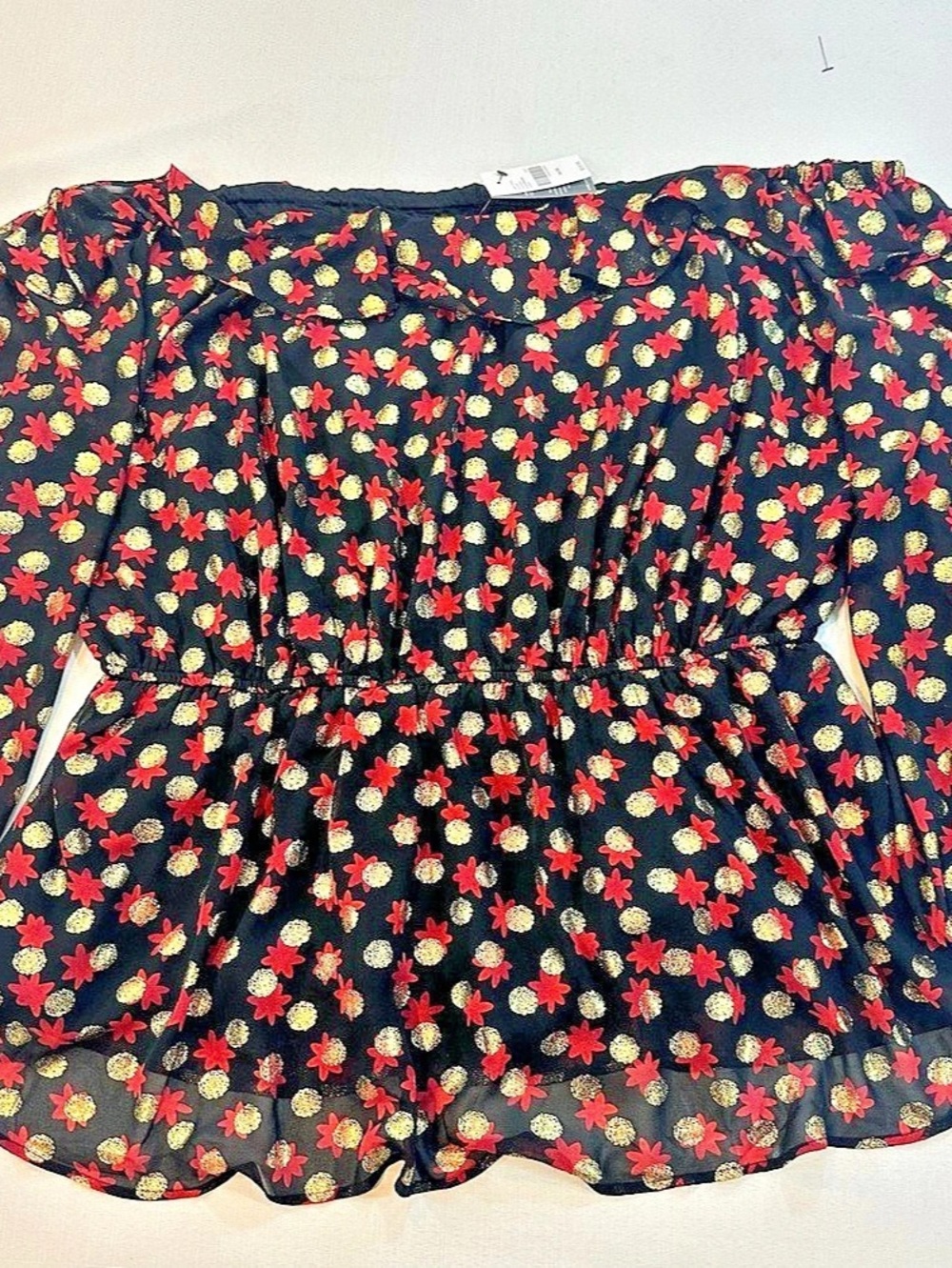 Lane Bryant Illusion Collection Floral Blouse Black Red with Metallic Gold 26/28